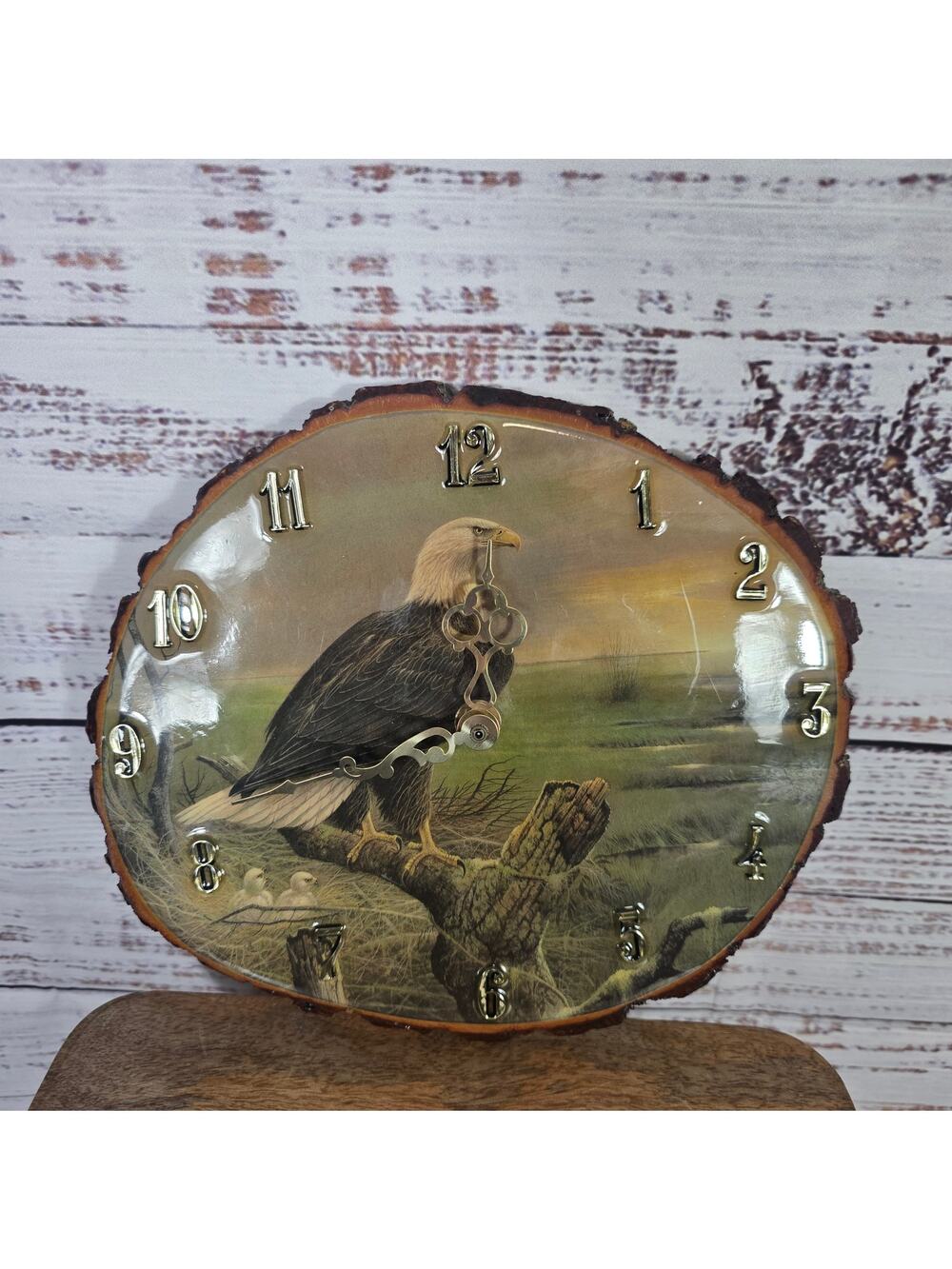 VTG CKK Made in USA Bald Eagle Wood Slice Quartz Wall Clock Rustic Wildlife